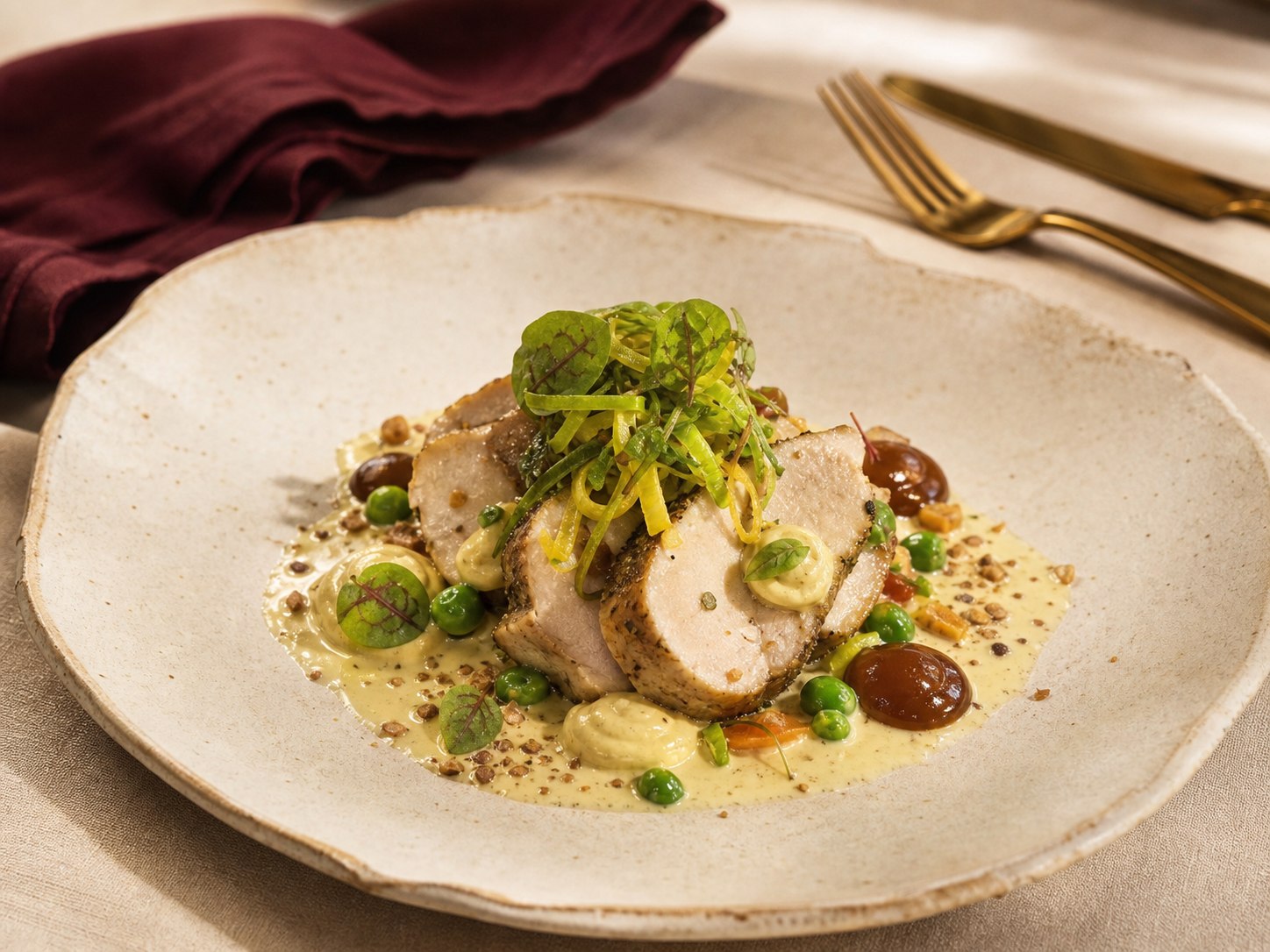 Roasted meat course on ivory linen with a burgundy accent